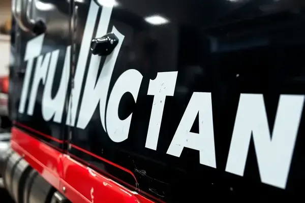 Professional truck lettering application in progress